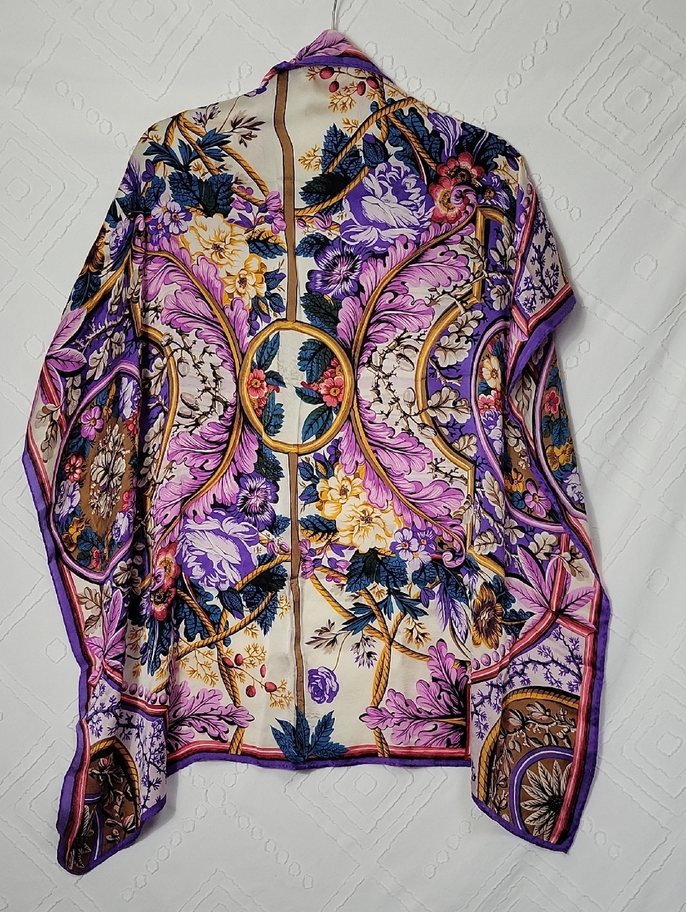 Adrienne Vittadini Floral Silk Scarf in Purple, Cream, Gold, Navy